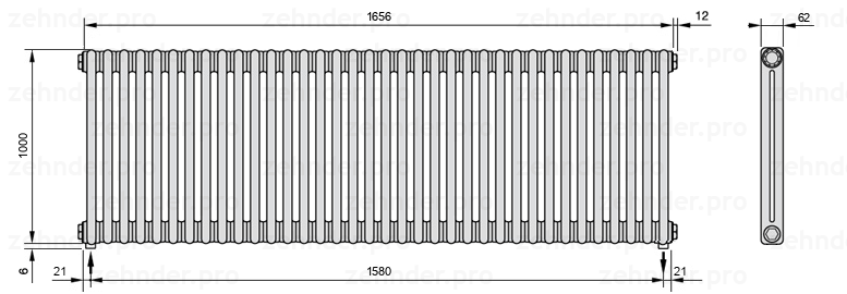 Схема (чертеж) Радиатор Zehnder Charleston 2100/36 №3570 Белый глянцевый RAL 9016